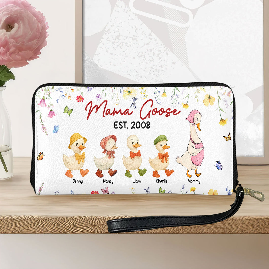 “Celebrate Family Love with Mama Goose” - Personalized Twill Faux Leather Wallet, Gift for Mom, Grandma, and Family Leather Wallet PopCulturePrints