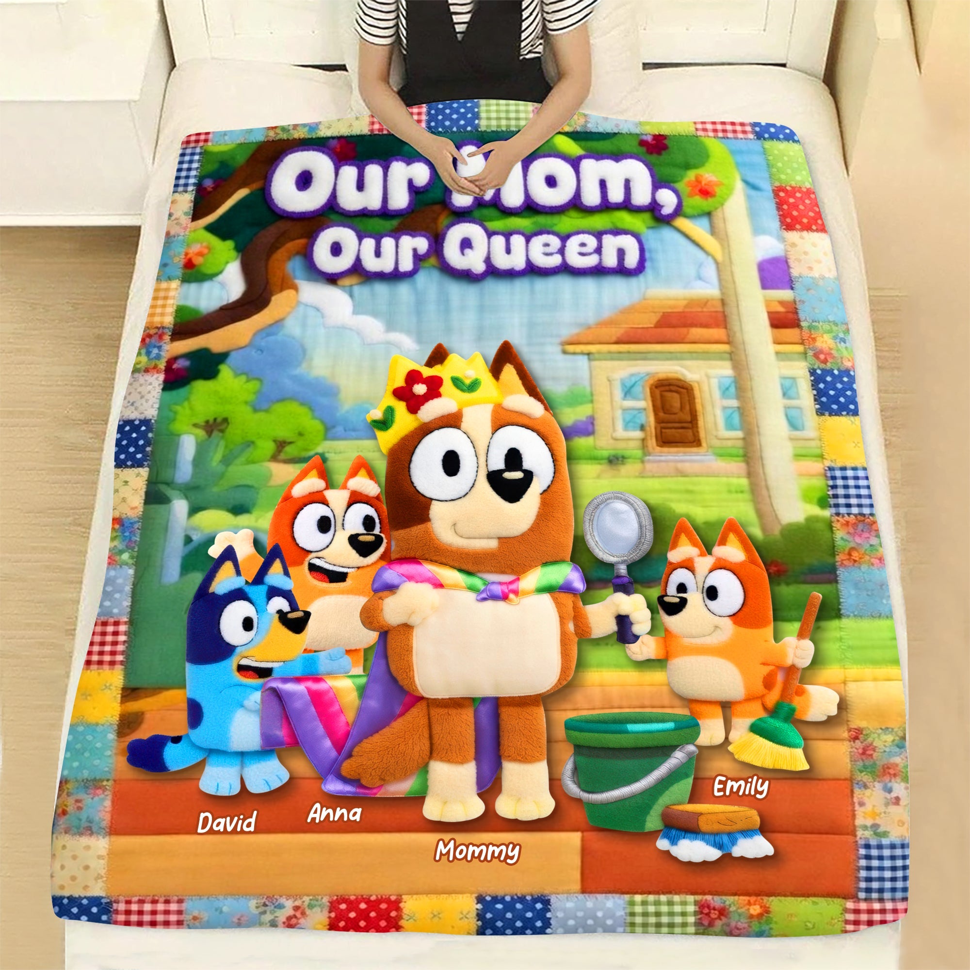 "Our Mom, Our Queen" - Personalized Happy Puppy Family Blanket - Perfect Gift for Mom, Grandma, Loved Ones Blanket PopCulturePrints