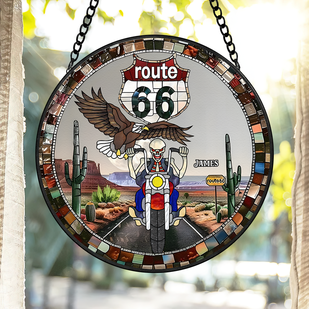 Personalized Route 66 Biker Suncatcher - Skull Motorcycle Stained Glass