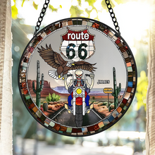 Load image into Gallery viewer, Personalized Route 66 Biker Suncatcher - Skull Motorcycle Stained Glass
