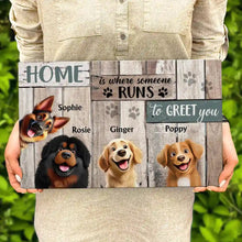 Load image into Gallery viewer, Home Is Where Someone Runs To Greet You - Personalized Dog Wood Rectangle Sign Wood Rectangle Sign PopCulturePrints
