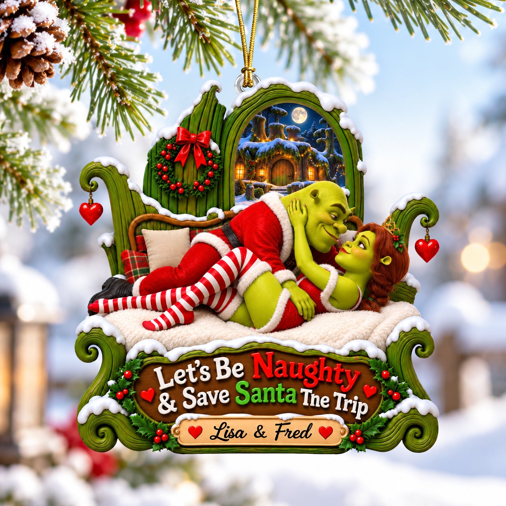 Let's Be Naughty & Save Santa The Trip - Personalized Christmas Ornament for Couples