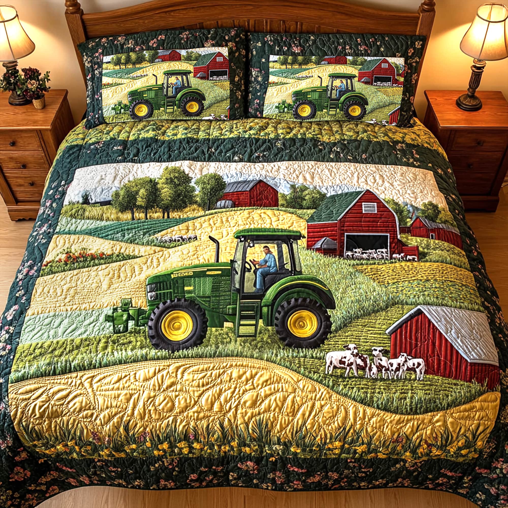 "Rev up your dreams with our Green Tractor On The Farm Quilt Bedding Set" - Personalized Bedding for Tractor Lovers Blanket PopCulturePrints