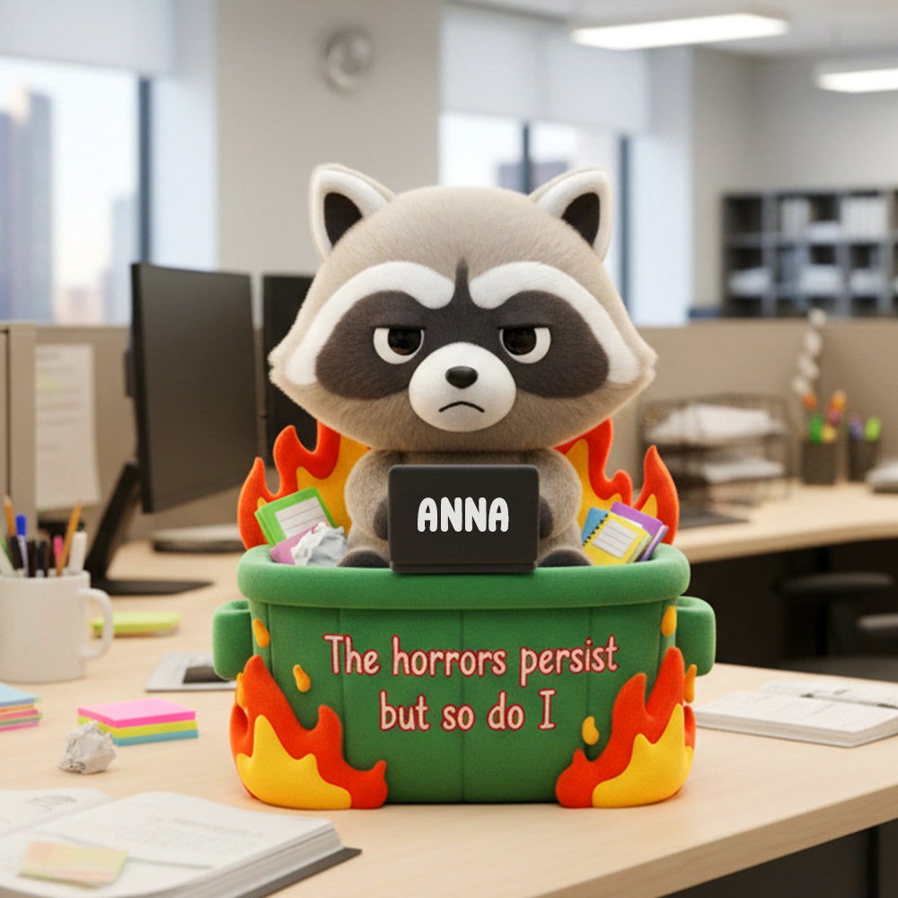 The Horrors Persist, But So Do I - Personalized Workday Raccoon Adventures Pillow for Coworkers Pillow PopCulturePrints