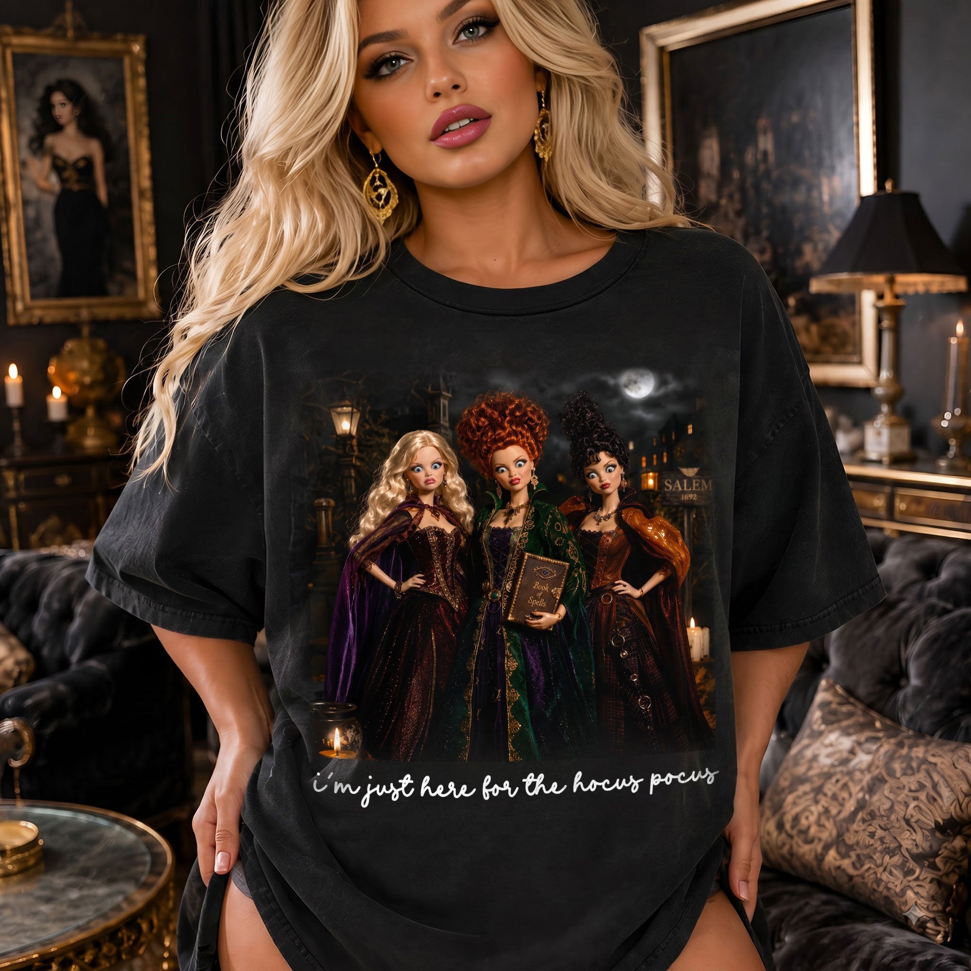 I'm Just Here for the Hocus Pocus - Witchy Halloween Washed Shirt - Personalized Gift for Fans of Spooky Culture