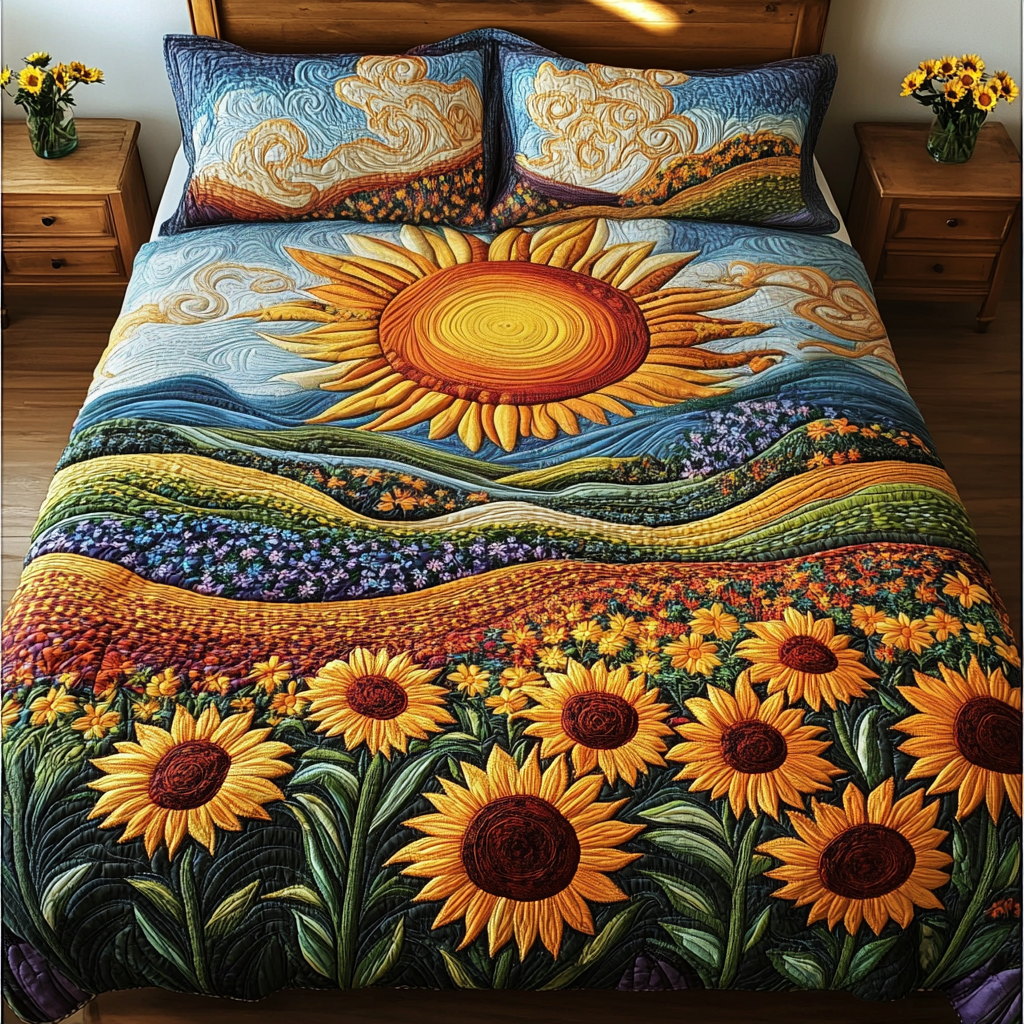 Sunshine Embraces Sunflower Valley Quilt Bed Set – Vibrant Floral Comfort Blanket PopCulturePrints