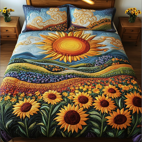 Sunshine Embraces Sunflower Valley Quilt Bed Set – Vibrant Floral Comfort Blanket PopCulturePrints