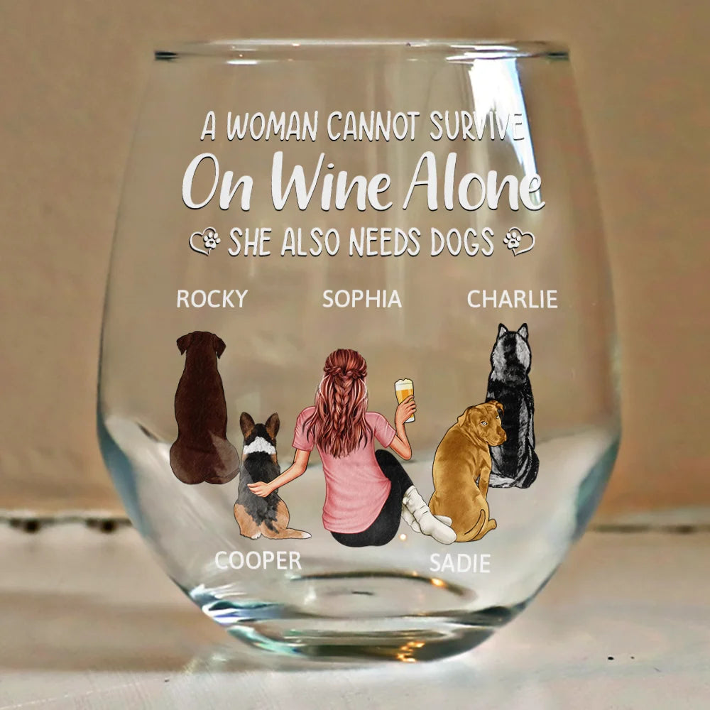 A Woman, Wine & Her Dog - Personalized Stemless Wine Glass Wine Glass PopCulturePrints