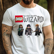 Load image into Gallery viewer, Personalized Dad Most Powerful Wizard T-Shirt with LEGO Style Characters
