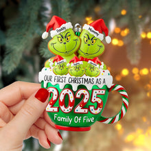 Load image into Gallery viewer, Our First Christmas as a Family of Four - Playful Grinch Ornament Ornament PopCulturePrints
