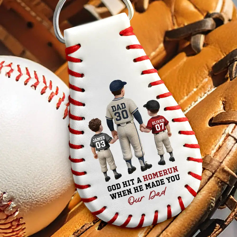 God Hit A Homerun When He Made You Our Dad - Personalized Leather Baseball Keychain Leather Baseball Keychain PopCulturePrints