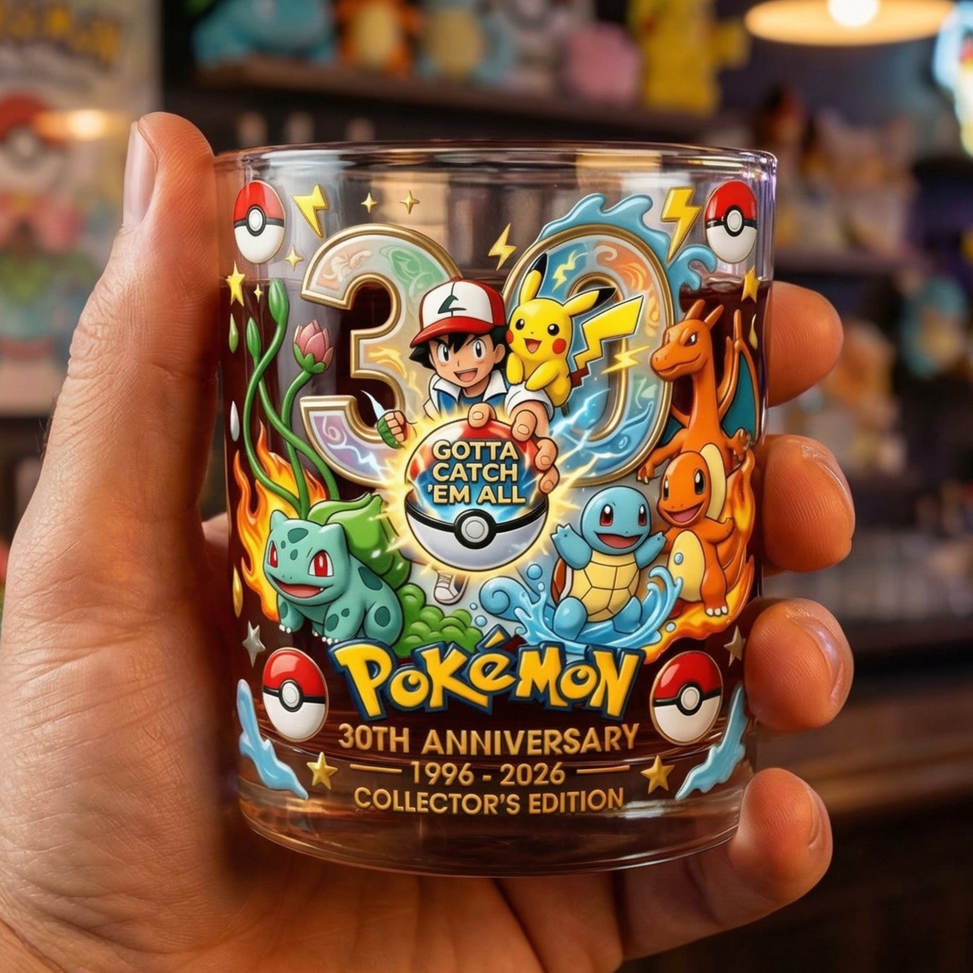 Gotta Catch ‘Em All – 30 Years Monster Adventure Round Glass - Personalized Anniversary Gift Glass PopCulturePrints
