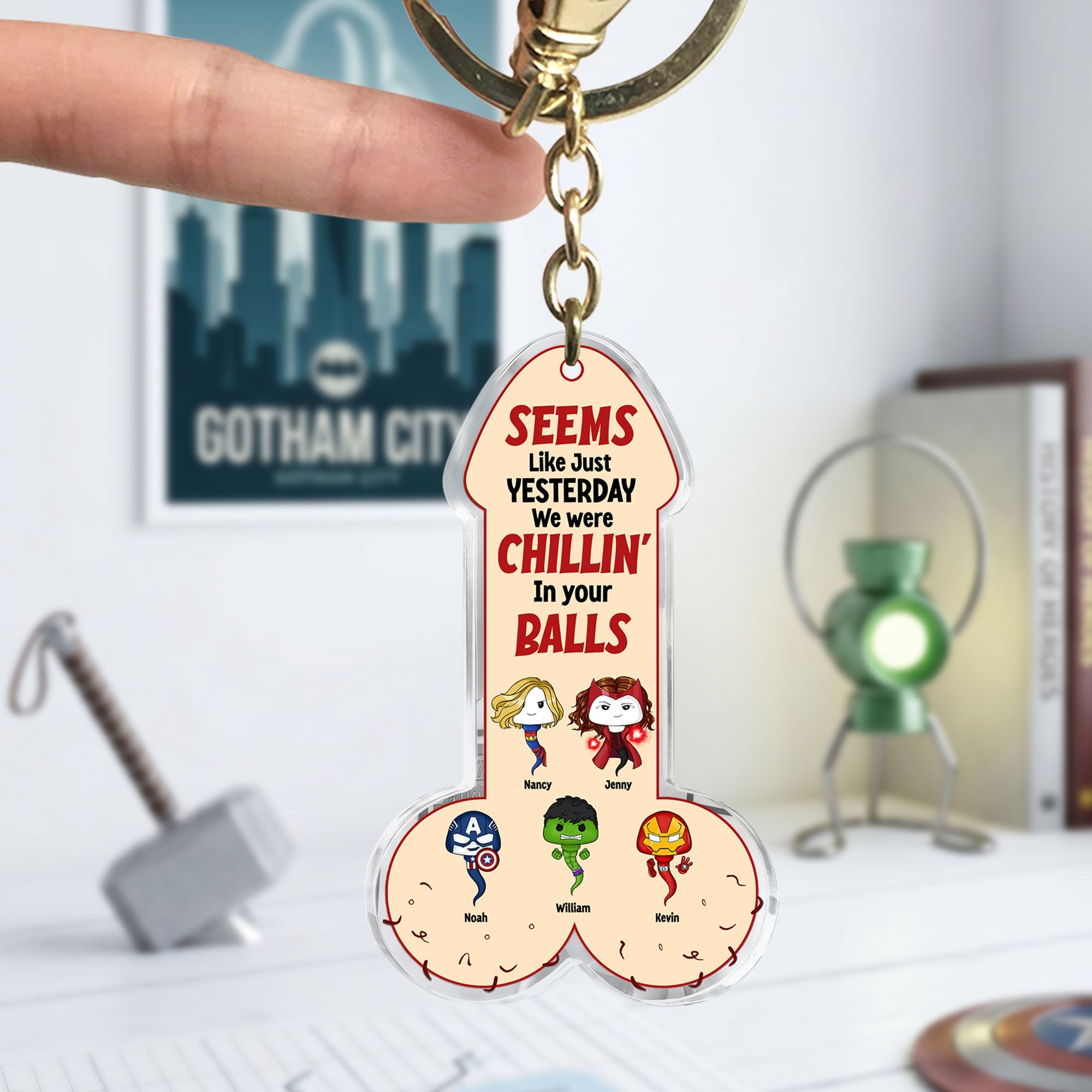 “Chillin’ In Your Balls” - Customizable Super Sperm Dad Keychain - Unique Gift for Dad, Grandpa, and More! Keychains PopCulturePrints