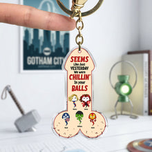 Load image into Gallery viewer, “Chillin’ In Your Balls” - Customizable Super Sperm Dad Keychain - Unique Gift for Dad, Grandpa, and More! Keychains PopCulturePrints
