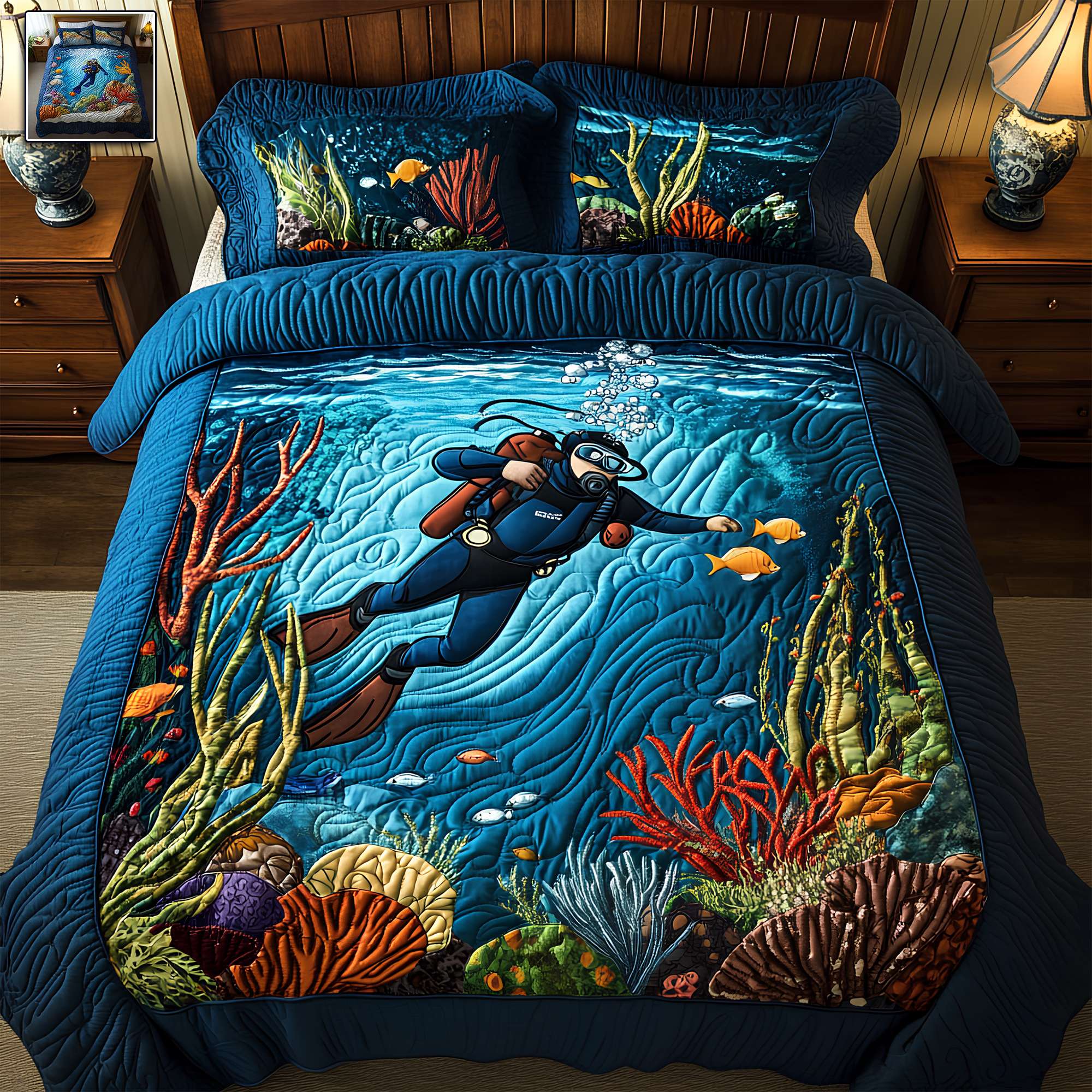 "Dive into Adventure!" - Blue Ocean Quilt Bed Set - Personalized Gifts for Scuba Diving Lovers Bedding Set PopCulturePrints