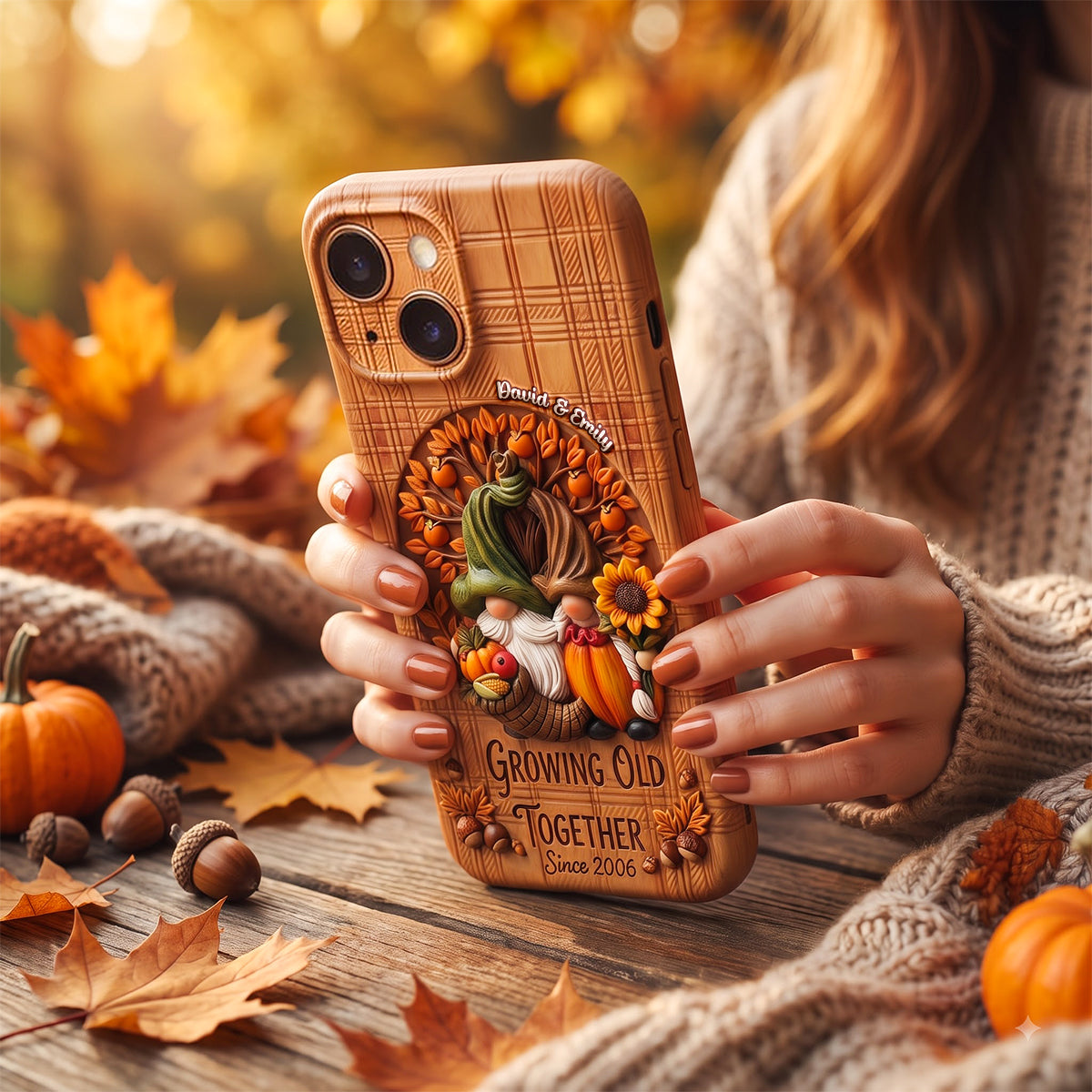 Growing Old Together - Personalized Fall Gnome Couple Phone Case