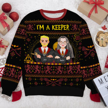 Load image into Gallery viewer, Personalized Couple Ugly Sweater - I&#39;m a Catch, I&#39;m a Keeper
