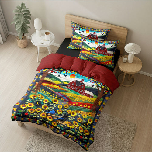 Charming Farm Lover Quilt Bed Set - Colorful Sunflower Design Blanket PopCulturePrints