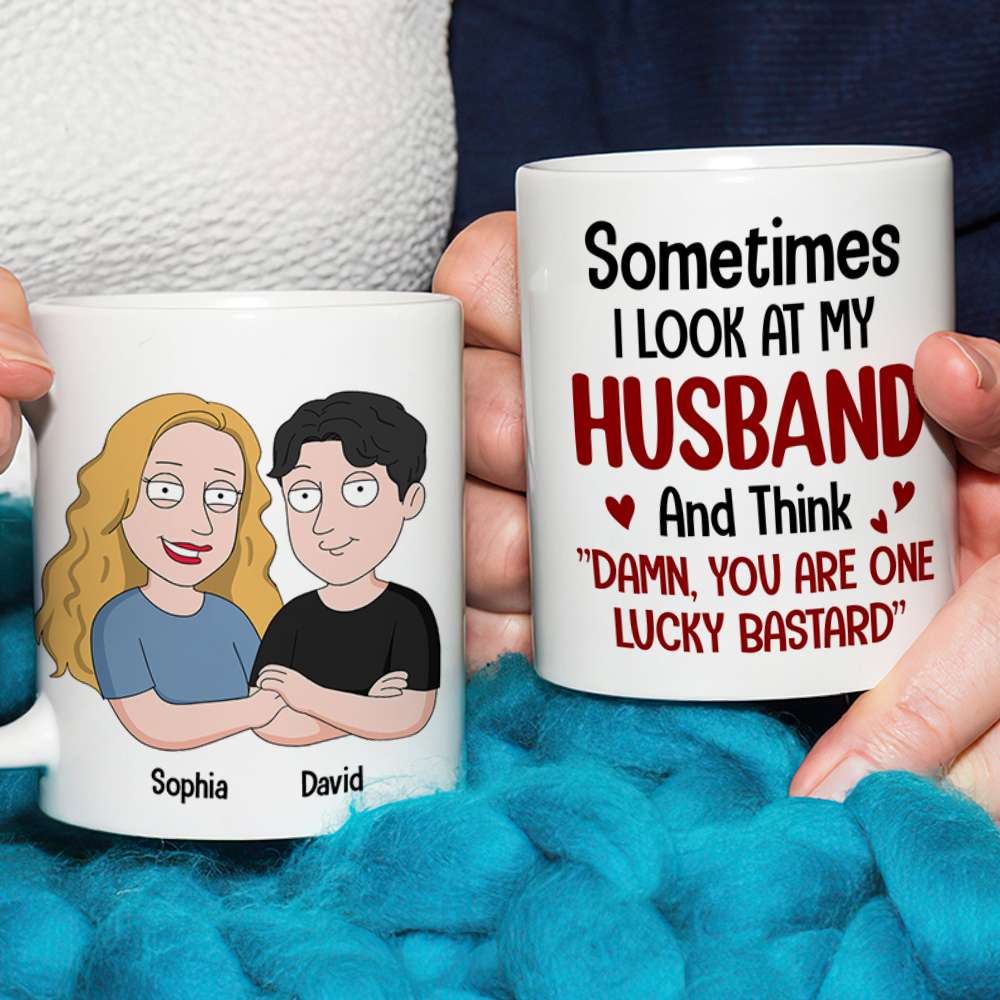 Personalized Cartoon Couple Mug - Lucky Husband Quote Coffee Mug PopCulturePrints