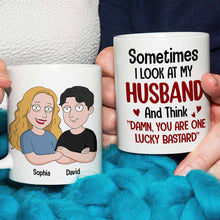 Load image into Gallery viewer, Personalized Cartoon Couple Mug - Lucky Husband Quote Coffee Mug PopCulturePrints
