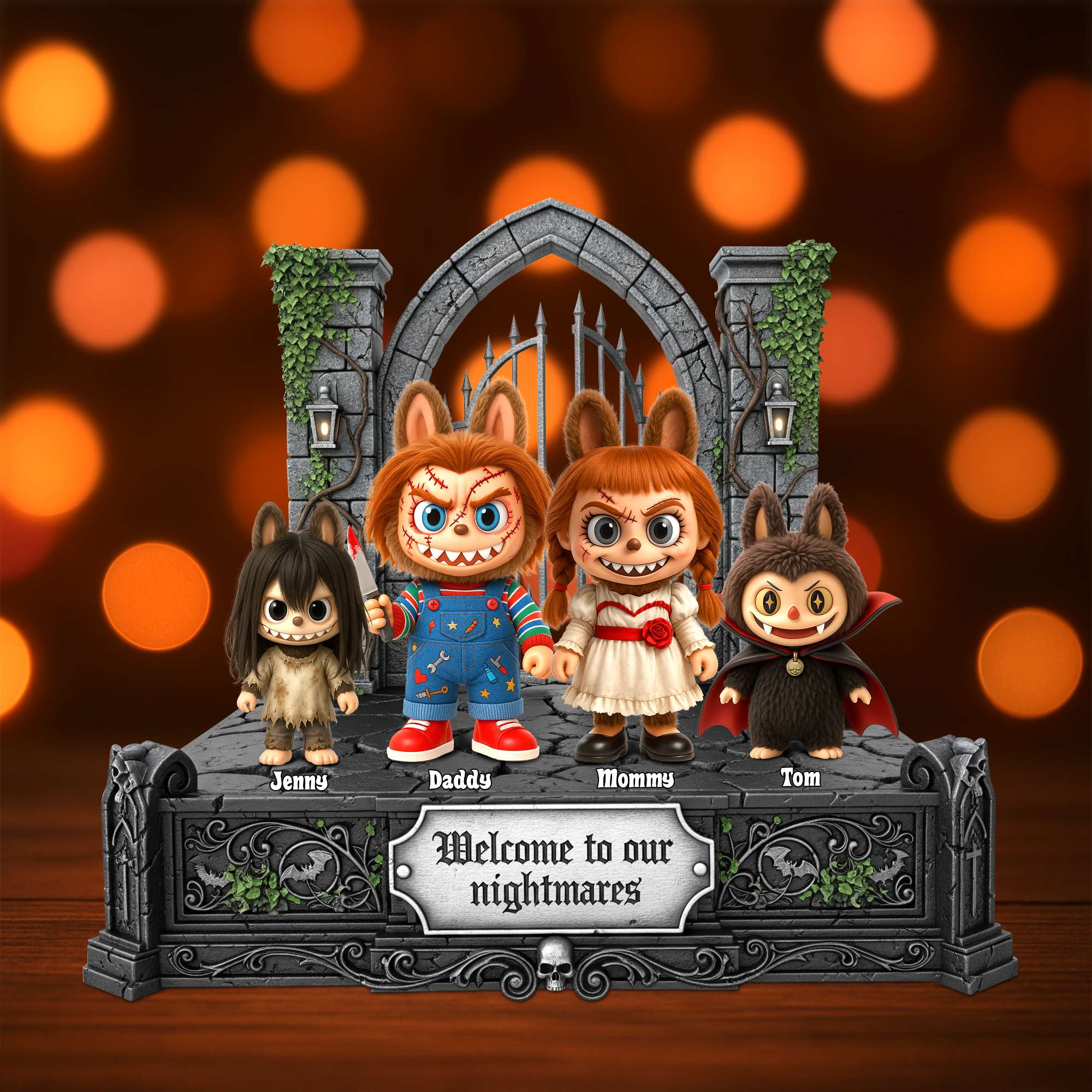 “Welcome to Our Nightmares!” - Creepy Family Halloween Acrylic Plaque - Personalized Gift for Halloween Enthusiasts Shaped Plaques PopCulturePrints