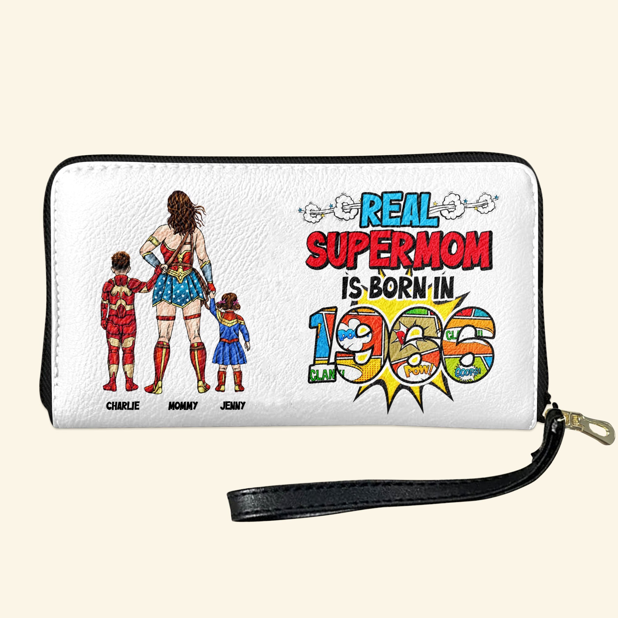 "Real Supermom is Born in 1966" - Personalized Faux Leather Wallet - Gift for Mom & Grandma Leather Wallet PopCulturePrints