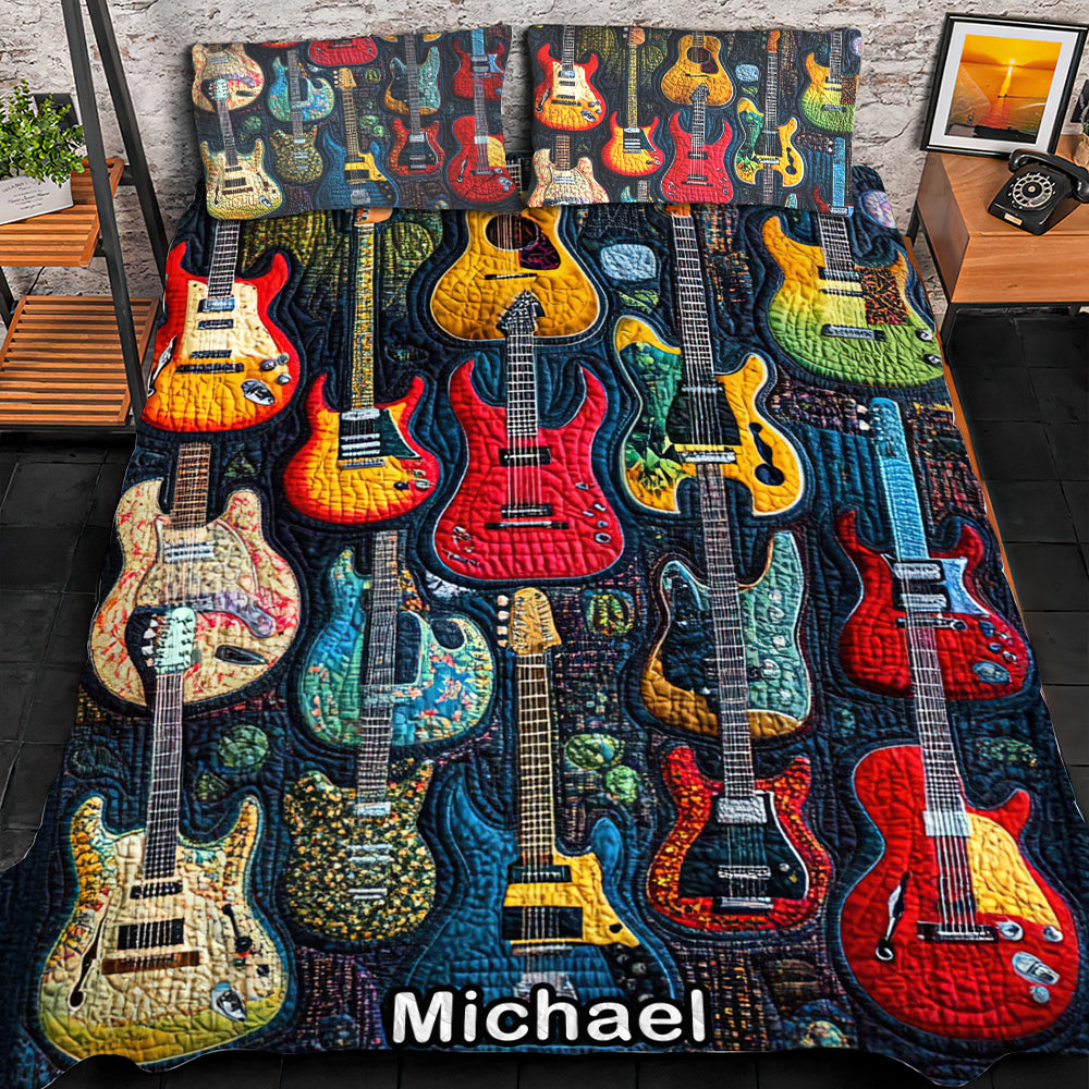 Personalized Guitar Lover's Quilt Bedding Set - Acoustic Vibe Blanket PopCulturePrints