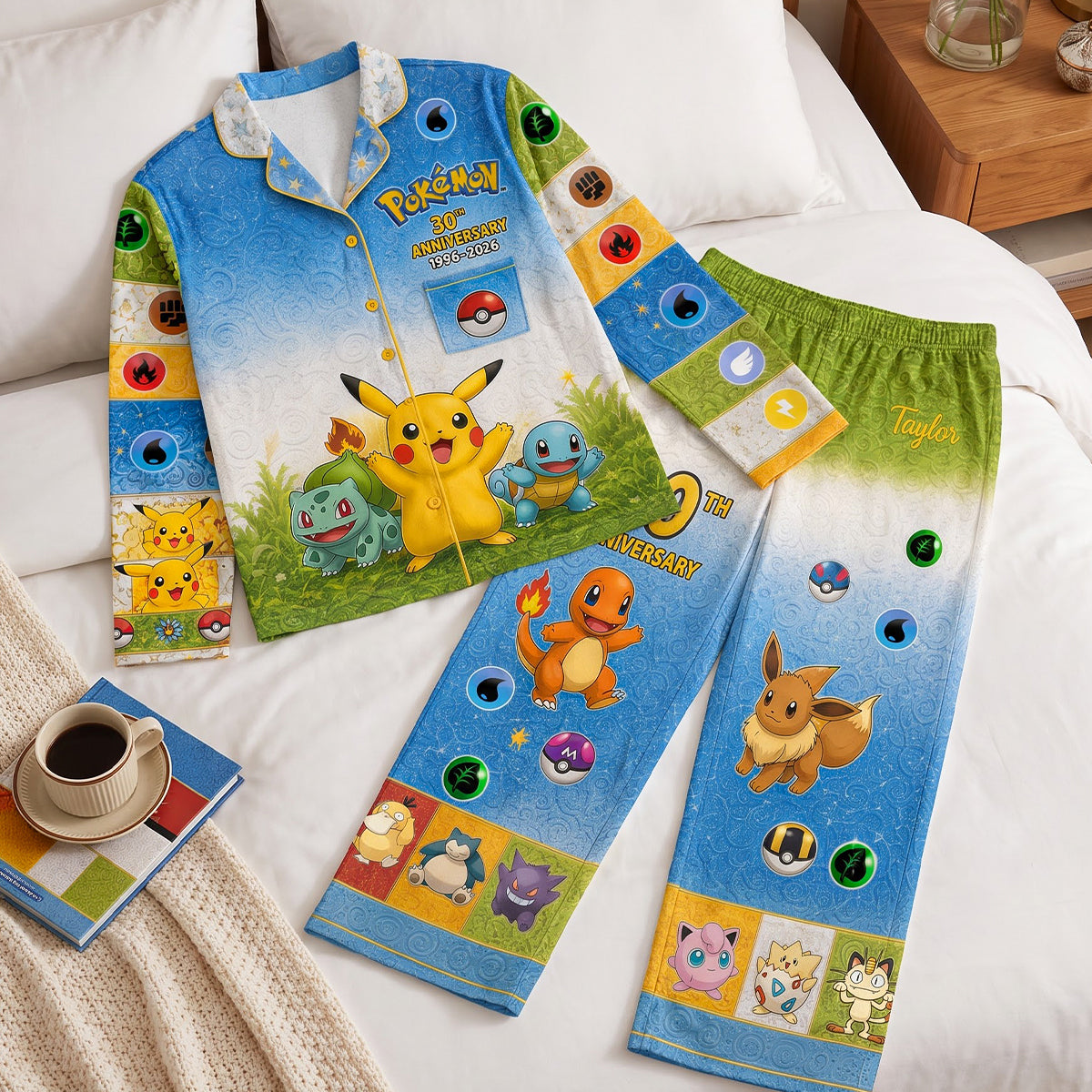 “Celebrate Pokémon’s 30th Anniversary!” - Personalized Pocker Creature Button Up Pajama Set, A Custom Gift for Pokemon Fans and Collectors