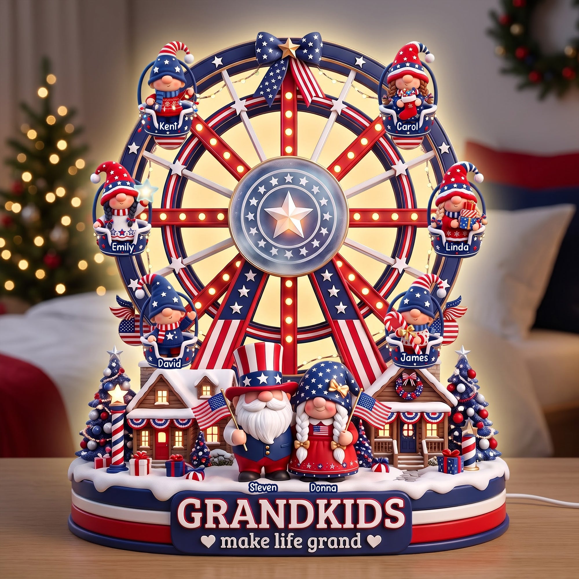 “Grandkids Make Life Grand” - USA Gnome Ferris Wheel Acrylic Light Box - Personalized Christmas Gift for Family, Friends, & Loved Ones