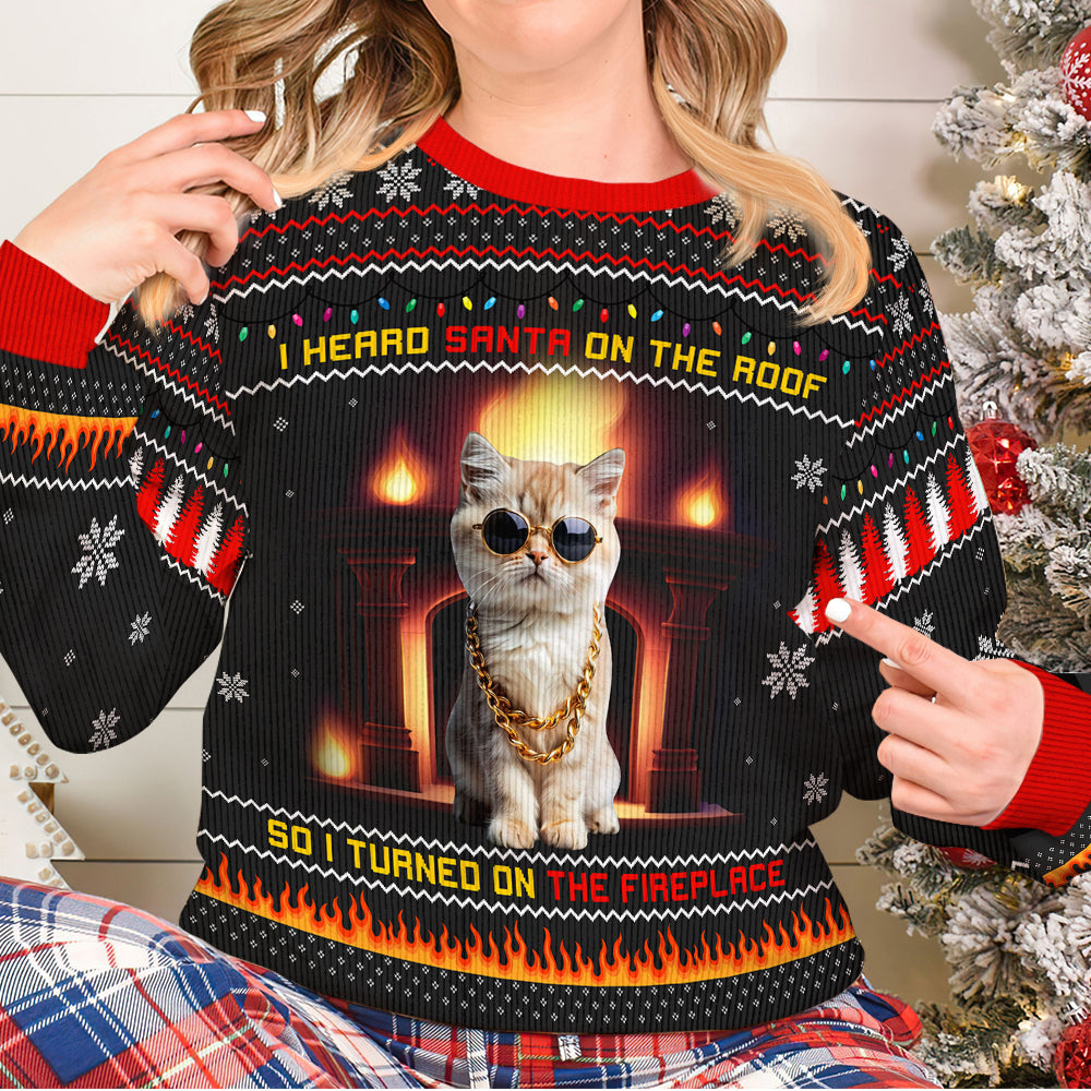 Custom Cat Christmas Sweater with Fireplace & LED Lights AOP Products PopCulturePrints