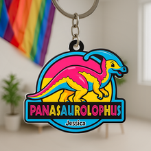 Load image into Gallery viewer, “Let Your Pride Roar!” - Colorful Dinosaur Keychain - Personalized Gift for LGBTQ+ Friends, Family and Allies Keychains PopCulturePrints

