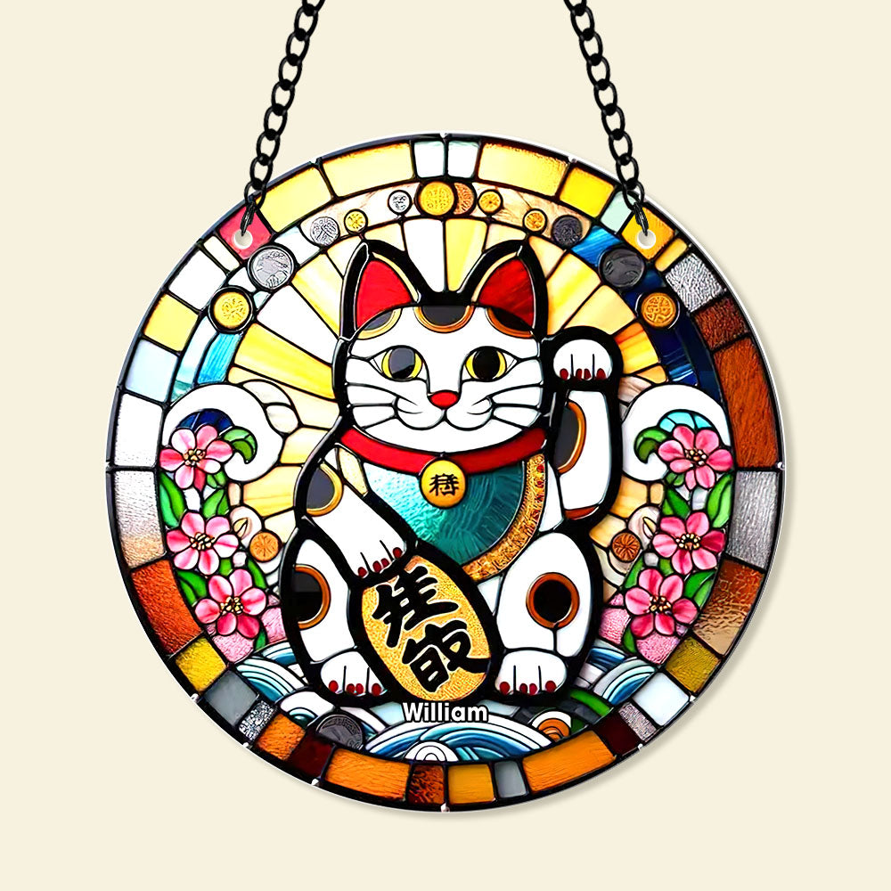 Lucky Cat Personalized Christmas Suncatcher Ornament