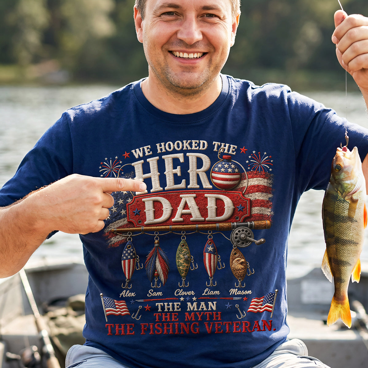 We Hooked The Hero Dad - Personalized Fishing Shirt for Father's Day Shirts PopCulturePrints