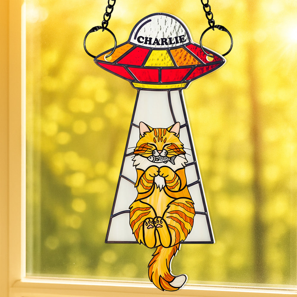 “Out of this World!” Funny Cat UFO Suncatcher - Personalized Gift for Cat Lovers Ornament PopCulturePrints