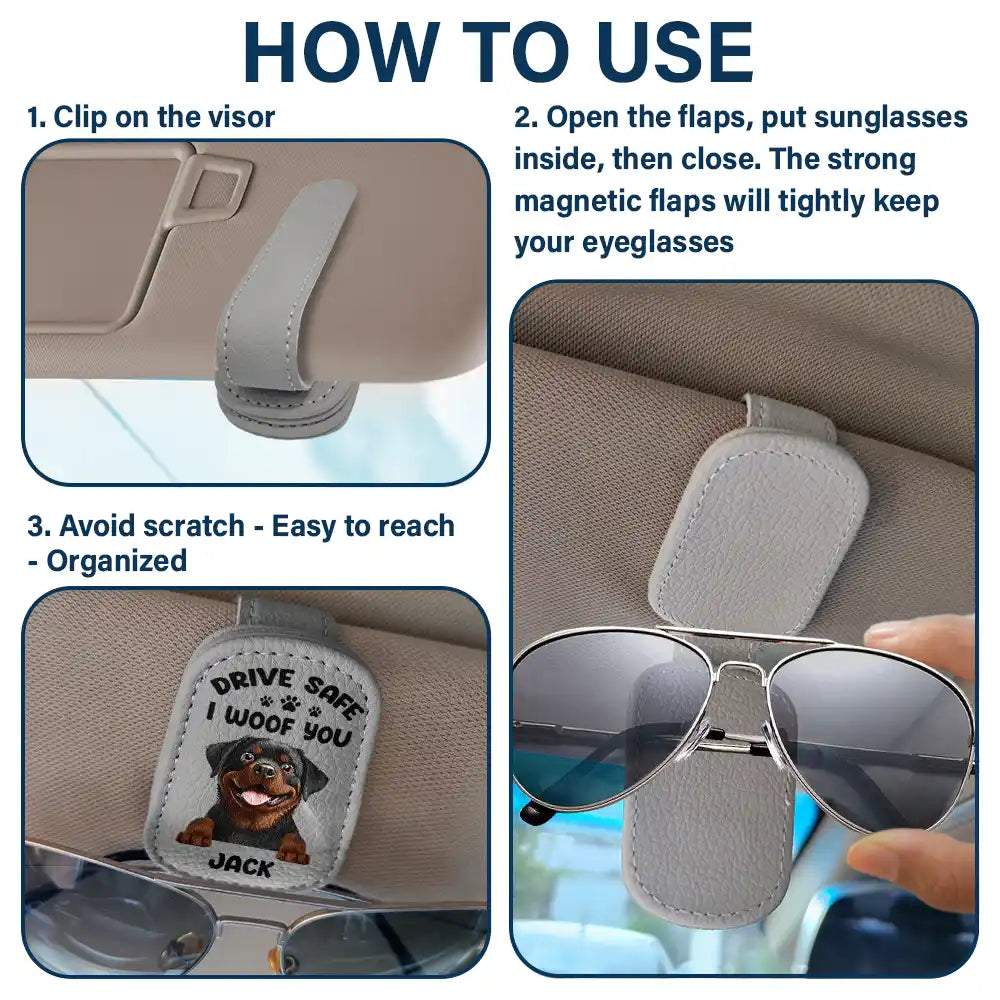 Drive Safe, I Woof You - Personalized Dog Dad Sunglasses Holder Sunglasses Holder For Car Visor PopCulturePrints