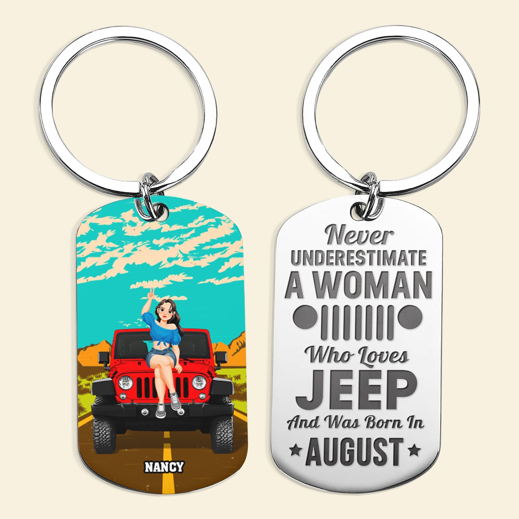 Personalized Jeep Lover Women Born in August Keychain