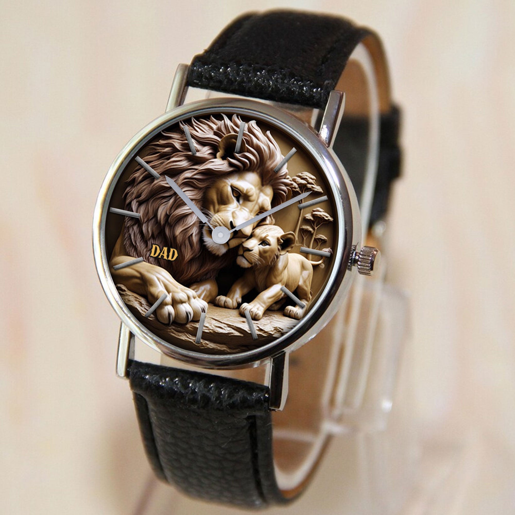 “Strength of a Lion, Love of a Dad” - Lion Dad Watch, Personalized Gift for Dads, Grandpas, and Father Figures Quartz Watch PopCulturePrints