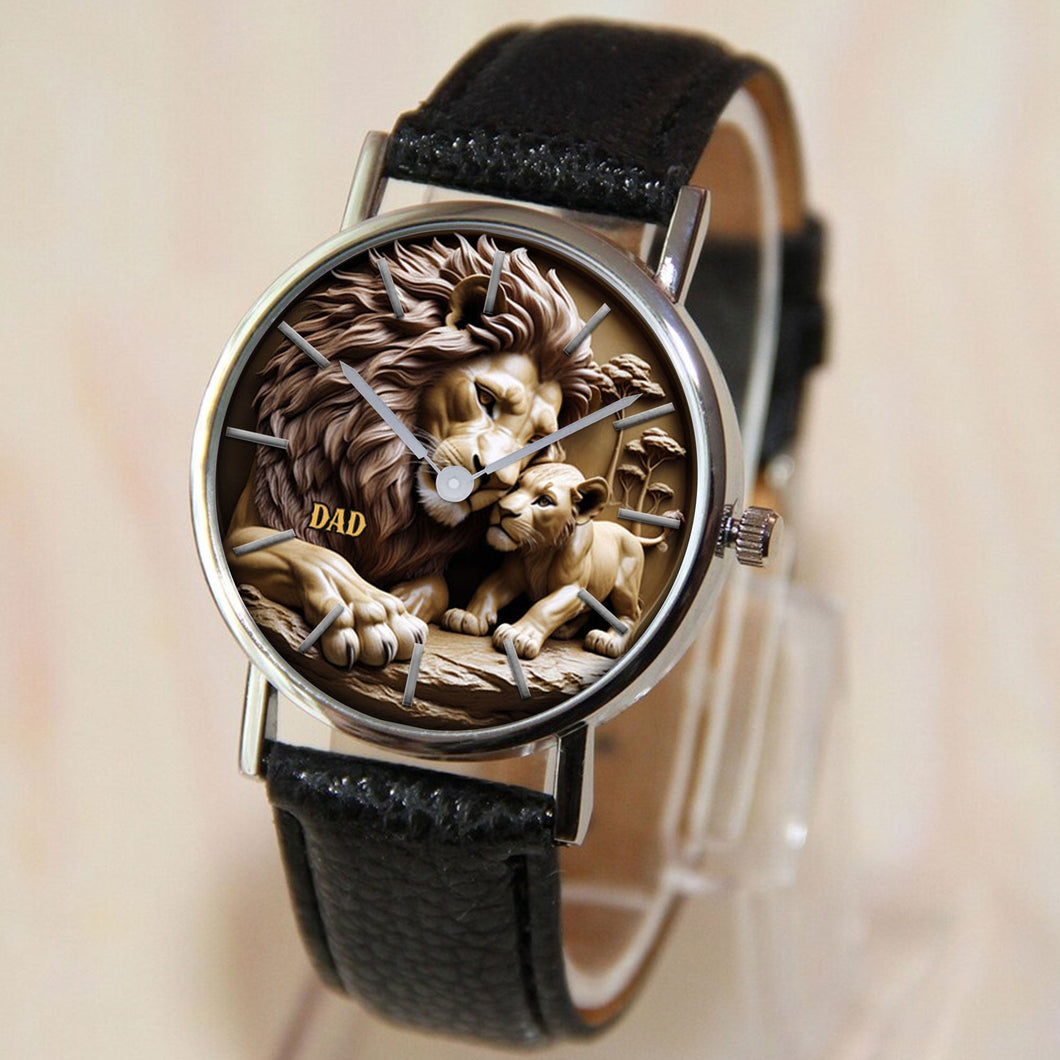 “Strength of a Lion, Love of a Dad” - Lion Dad Watch, Personalized Gift for Dads, Grandpas, and Father Figures Quartz Watch PopCulturePrints
