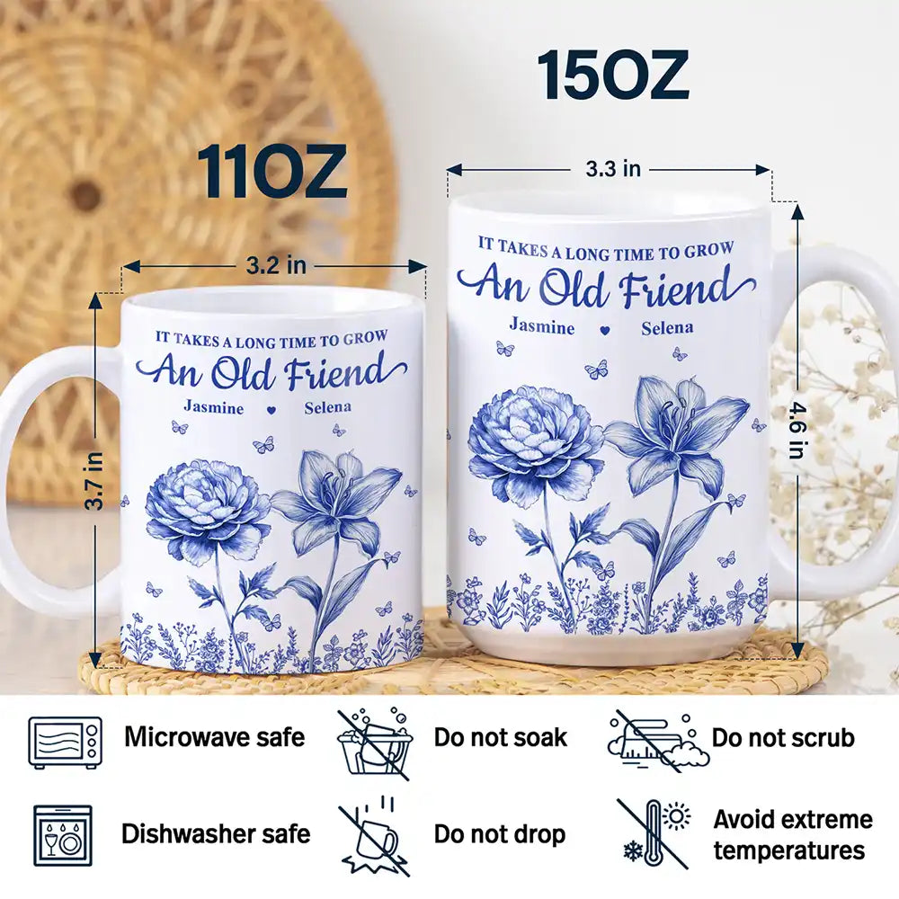 “It Takes a Long Time to Grow An Old Friend” - Personalized Birth Flower Mug Mug PopCulturePrints