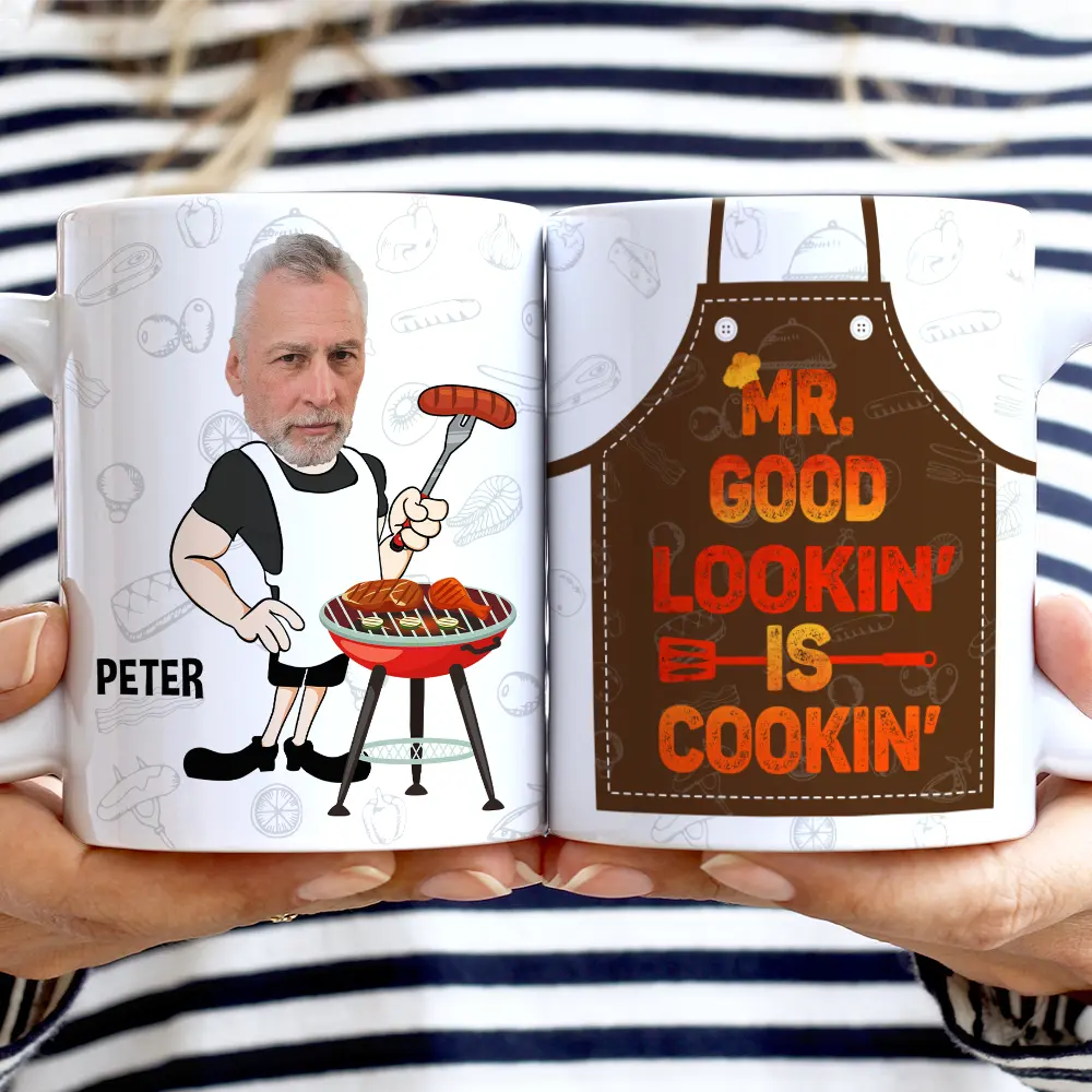 "Mr. Good Lookin' Is Cookin'" - Custom Photo Grilling Apron & Personalized Mug - Unique Gift for Dad, Grandpa, and BBQ Lovers Mug PopCulturePrints