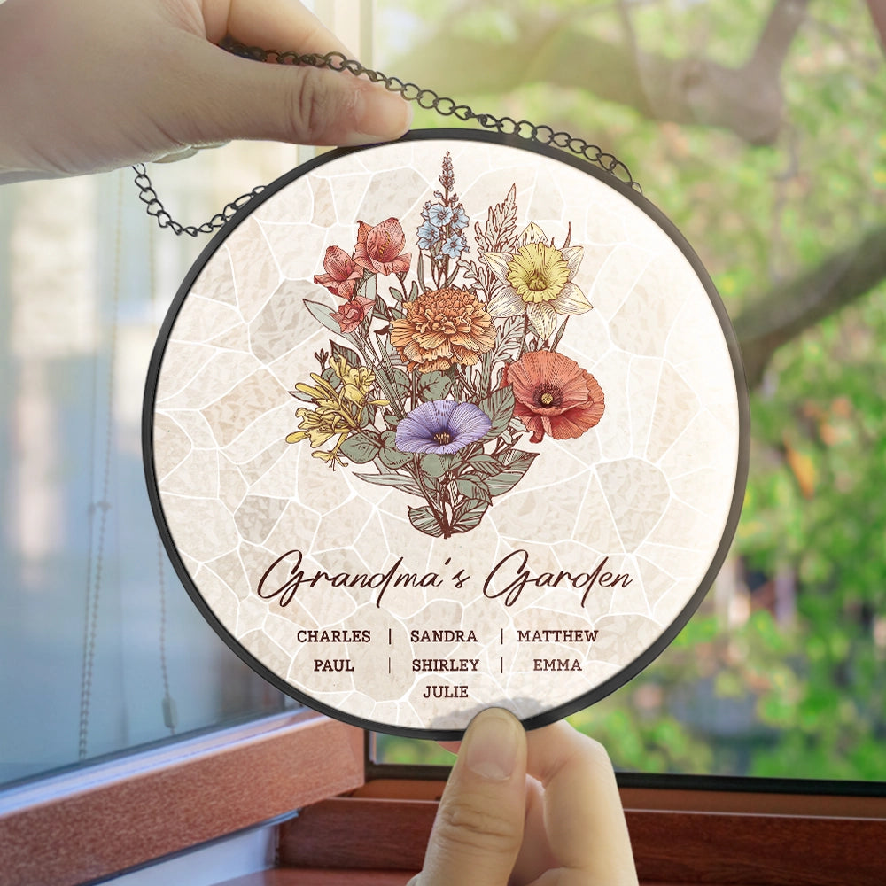 “Brighten Her Day with Grandma's Garden” - Personalized Stained Glass Window Hanging Suncatcher - Gift for Grandma, Mom, and Loved Ones Suncatcher Ornament PopCulturePrints