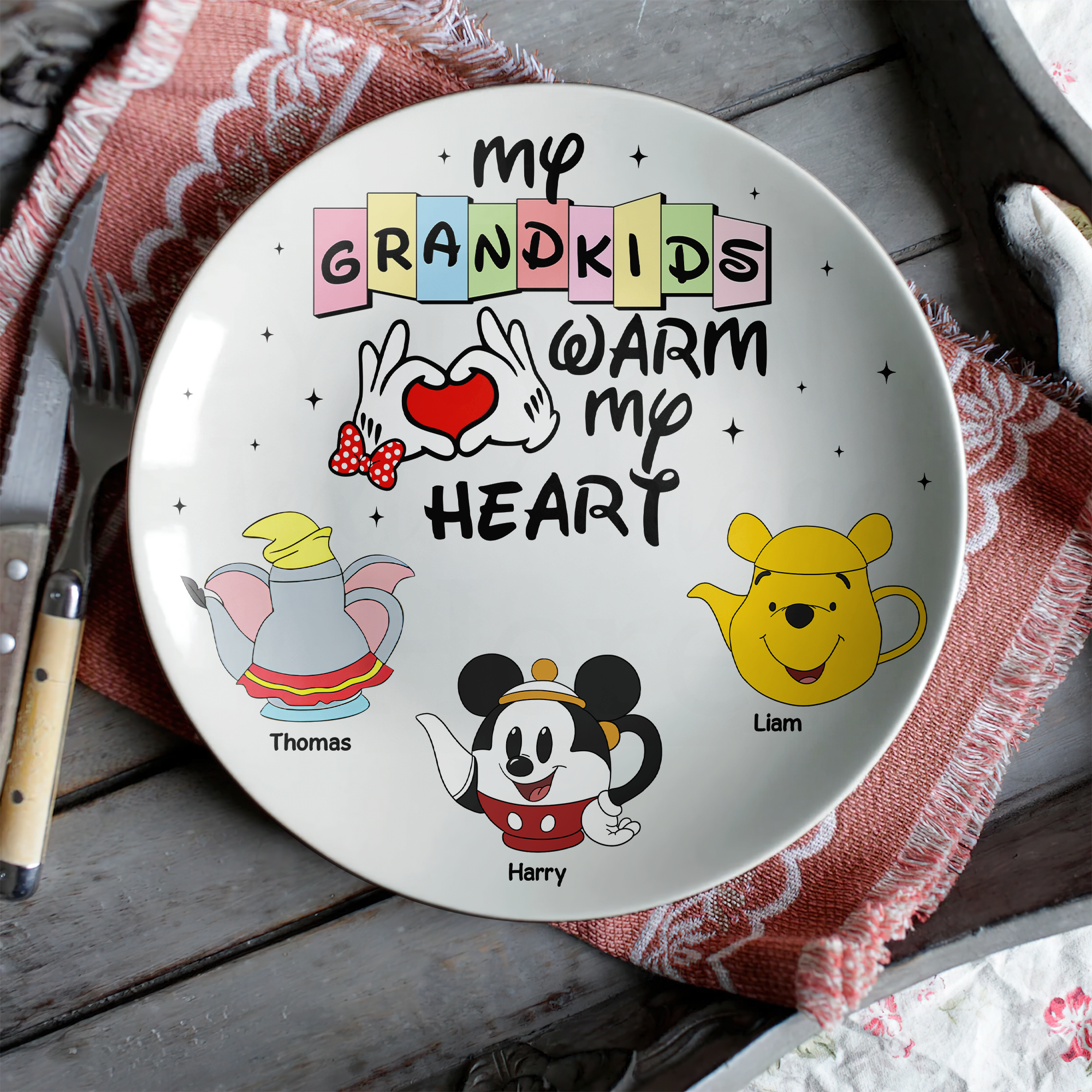 My Grandkids Warm My Heart - Personalized Ceramic Round Plate Ceramic Round Plate PopCulturePrints