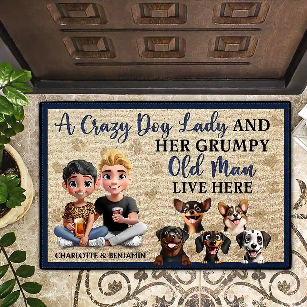A Crazy Dog Lady & Her Grumpy Old Man Live Here - Personalized Doormat for Pet Lovers Doormat PopCulturePrints