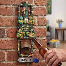 Load image into Gallery viewer, "Shells Up, Drinks Up" - Personalized One More Slice Wall Hanging Bottle Opener Bottle Opener PopCulturePrints
