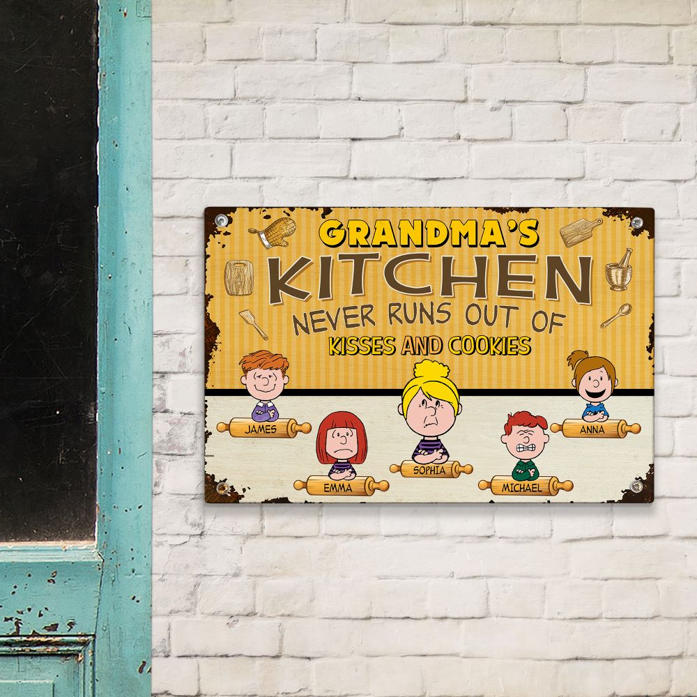 Personalized Grandma's Kitchen Metal Sign - Custom Cartoon Family Characters