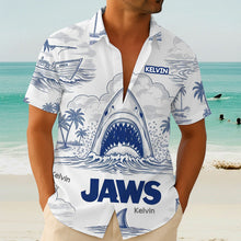 Load image into Gallery viewer, &quot;Unleash Your Inner Shark!&quot; - Personalized Shark Toile De Jouy Style Hawaiian Shirt - Custom Gift for Movie Lovers, Fathers, and Friends Hawaiian Shirts PopCulturePrints
