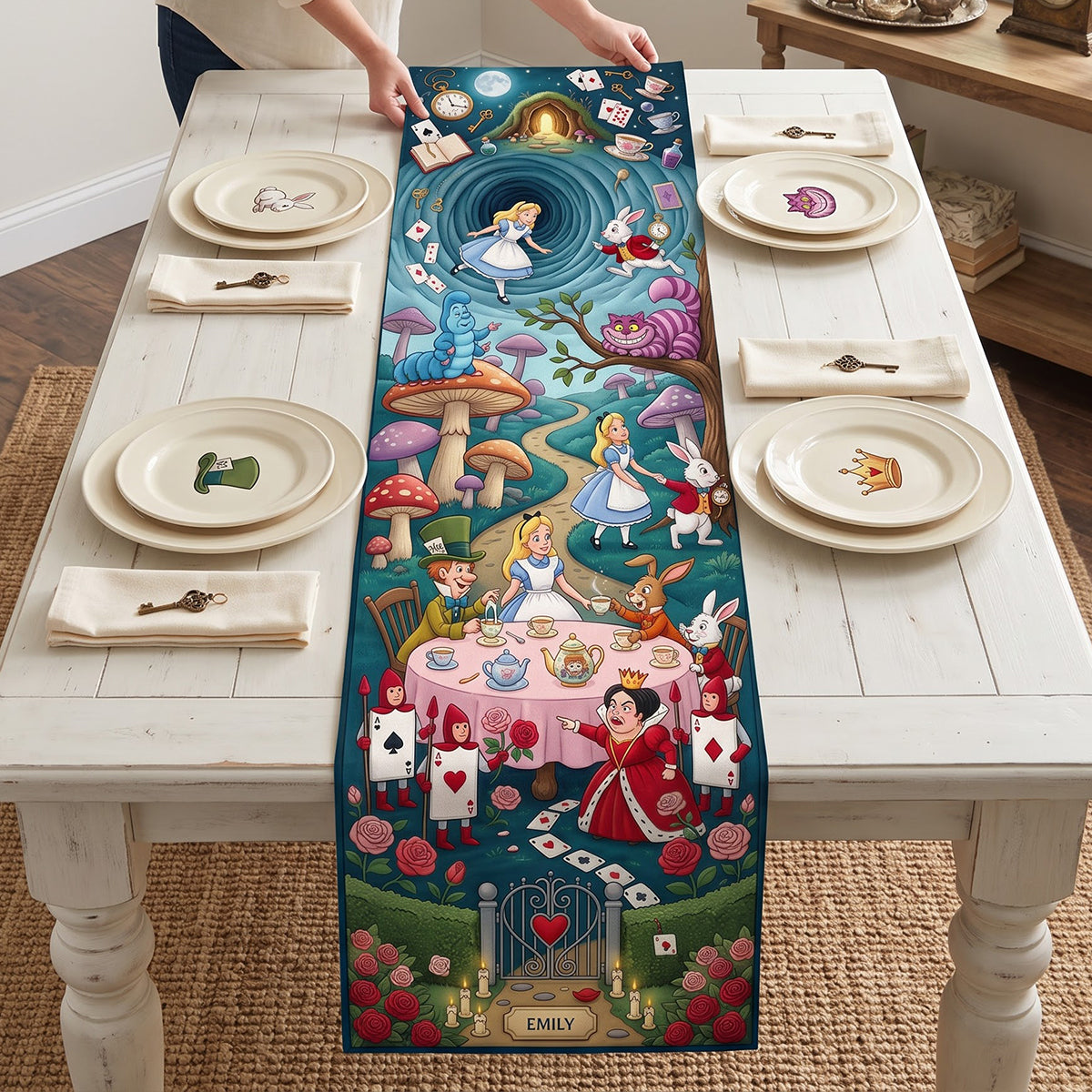 "Step into a Whimsical Wonderland with Our Fairy Tale Tea Party Table Runner" - Personalized Quilted Runner for Magical Occasions