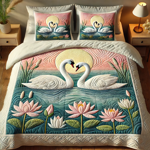 Swan Couple Quilt Bedding Set - Romantic Gift for Couples Blanket PopCulturePrints