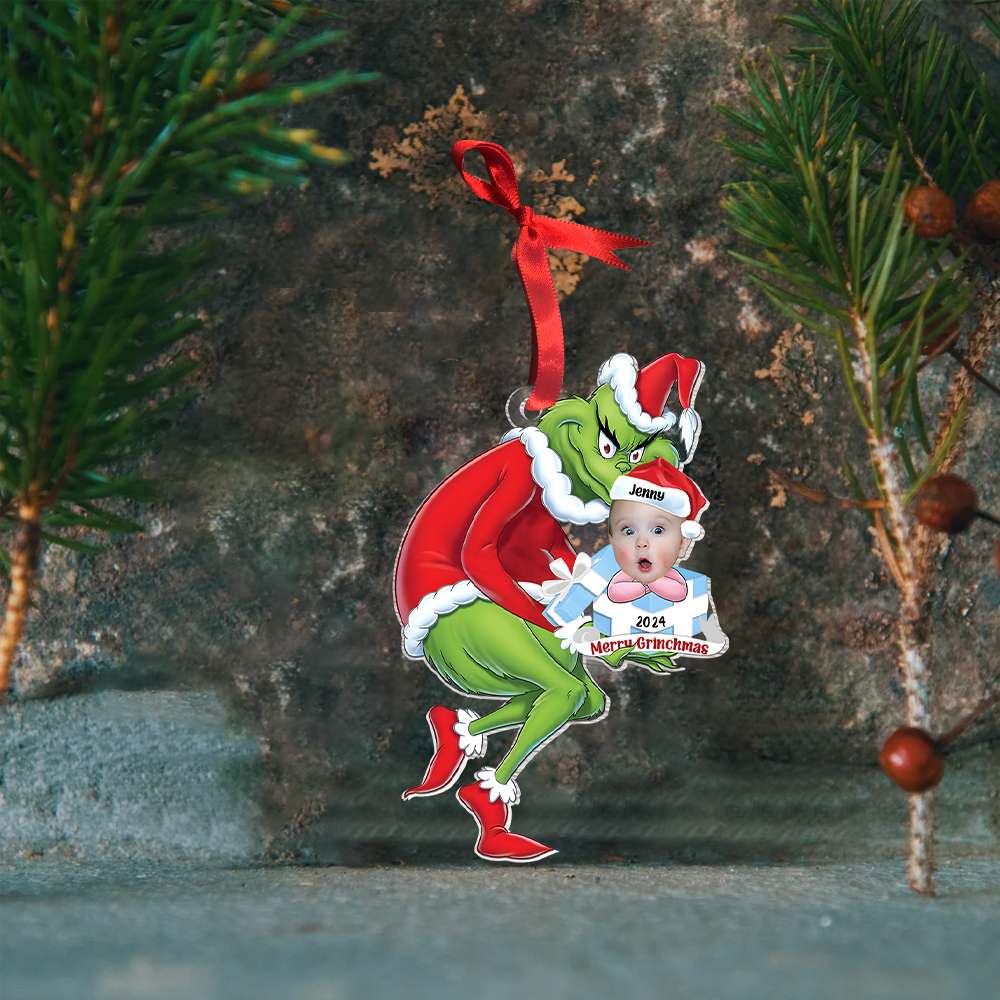 Personalized Baby Face Christmas Ornament with Grinch Design - Custom Photo Gift, 2024