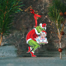 Load image into Gallery viewer, Personalized Baby Face Christmas Ornament with Grinch Design - Custom Photo Gift, 2024
